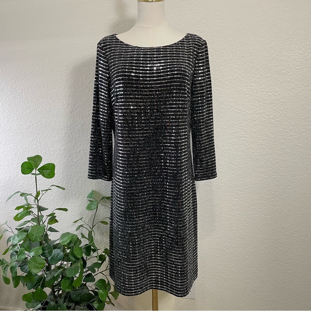 Jessica H Black and Silver Sequin Long Sleeve Dress